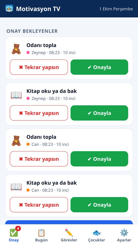 Ebeveyn telefonunda onay bekleyen görevler: Odanı topla ve Kitap oku ya da bak; her görevin yanında Tekrar yapsın ve Onayla düğmeleri