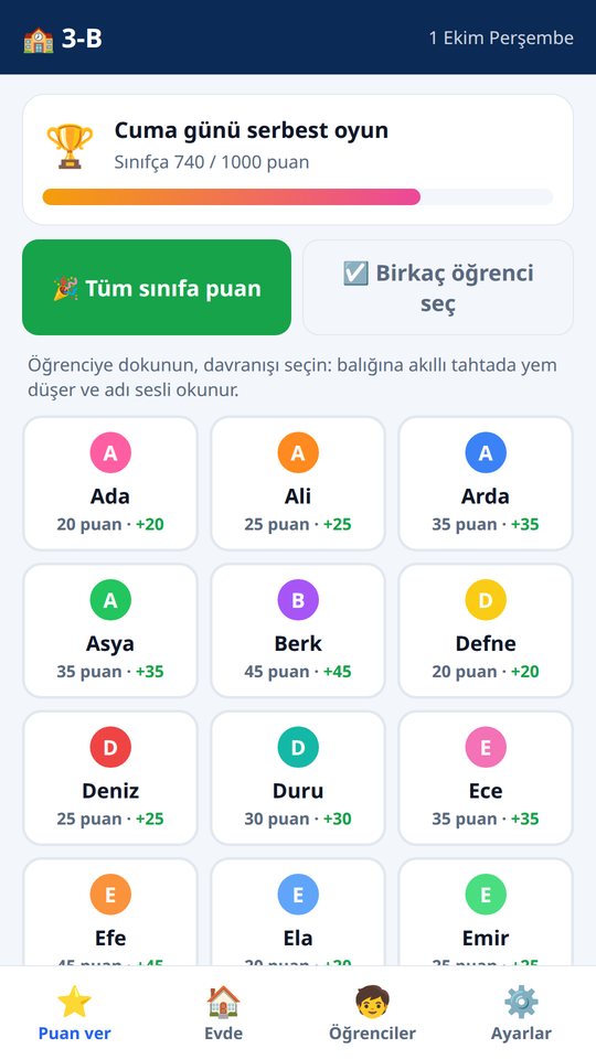 Öğretmen telefonunda puan ekranı: üstte Cuma günü serbest oyun sınıf hedefi ilerleme çubuğu, Tüm sınıfa puan ve Birkaç öğrenci seç düğmeleri, altta öğrenci kartları