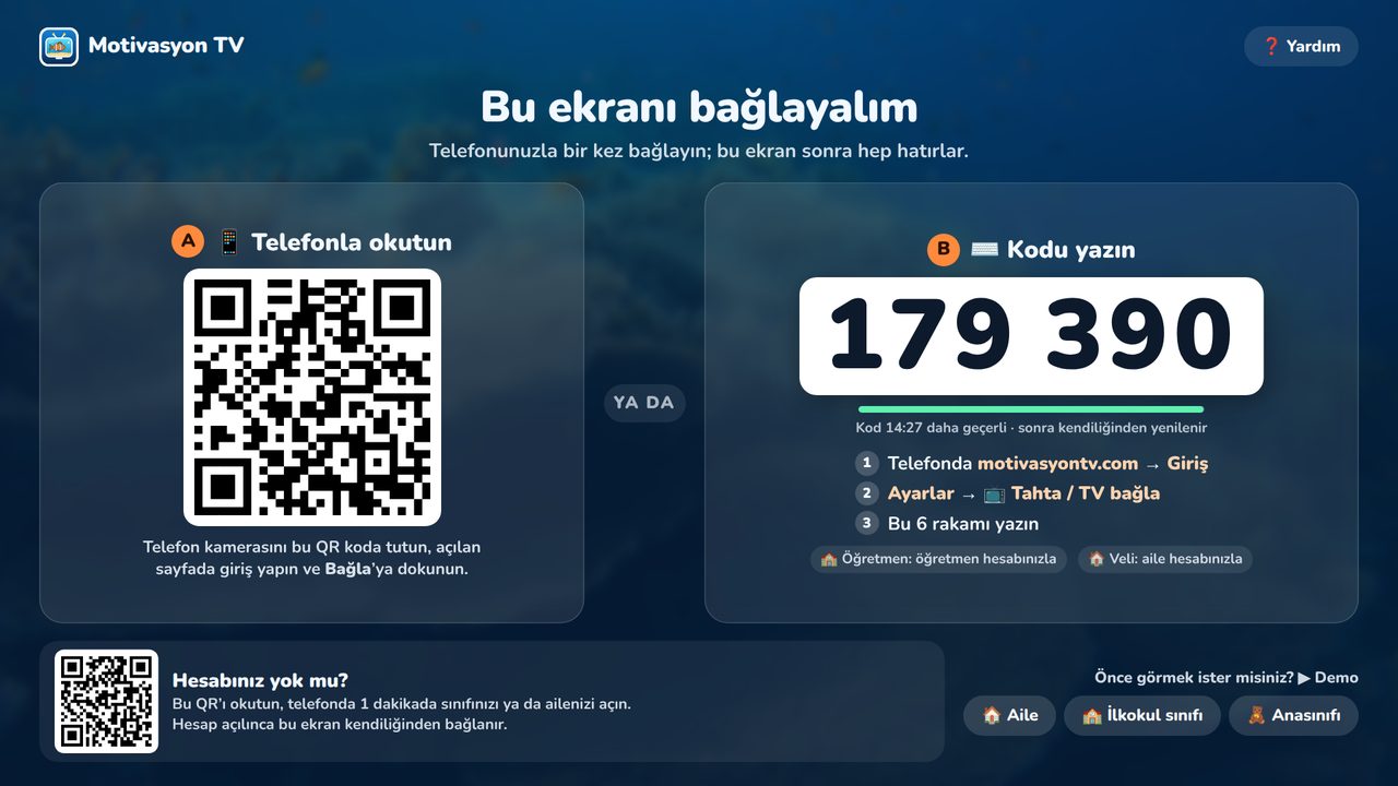 Akıllı tahtada bağlantı ekranı: telefonla okutulacak QR kod ve 6 haneli kod